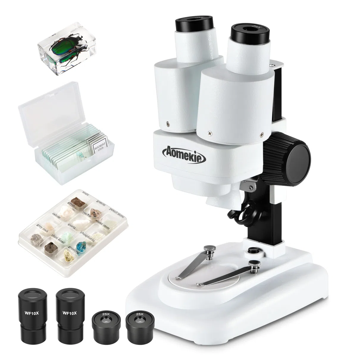 Aomekie Microscopio Estéreo 20X & 50X, Binocular de Aumento con Rodajas de Vidrio y Muestras de Minerales, para Estudiantes y Adultos