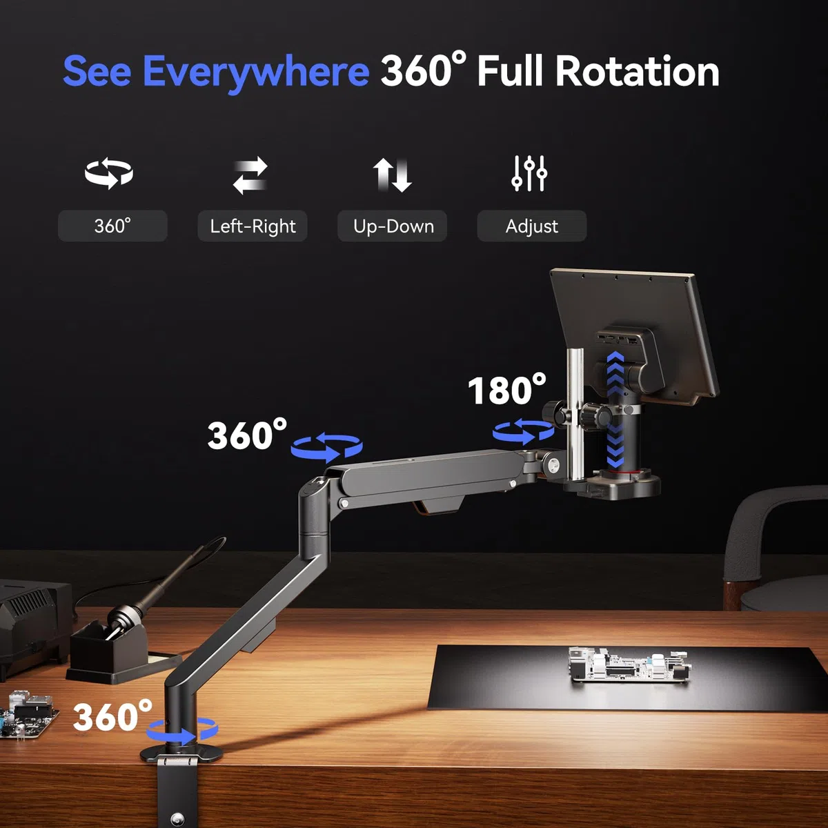 TOMLOV AM06 Soporte de microscopio digital con brazo flexible y suspensión mejorada, gestión de cables, soporte para microscopio de soldadura DM9 MAX TM4K AF Flex DM602