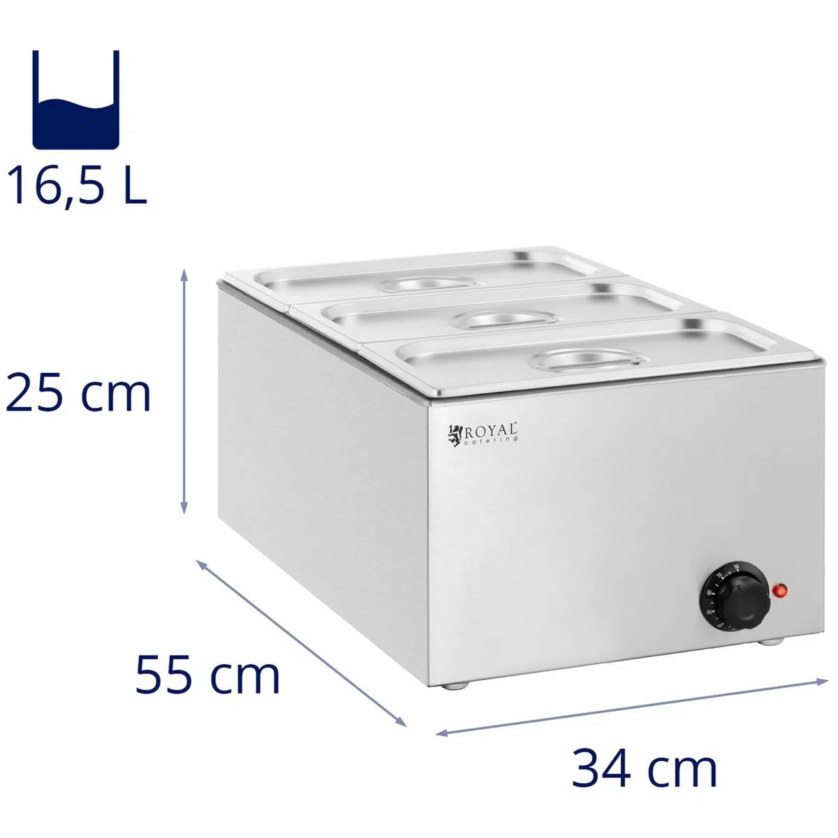 Royal Catering RCBM_GN1/3_1 - Baño maría profesional (640 W, 3 x GN 1/3 Bañera de agua (acero inoxidable)