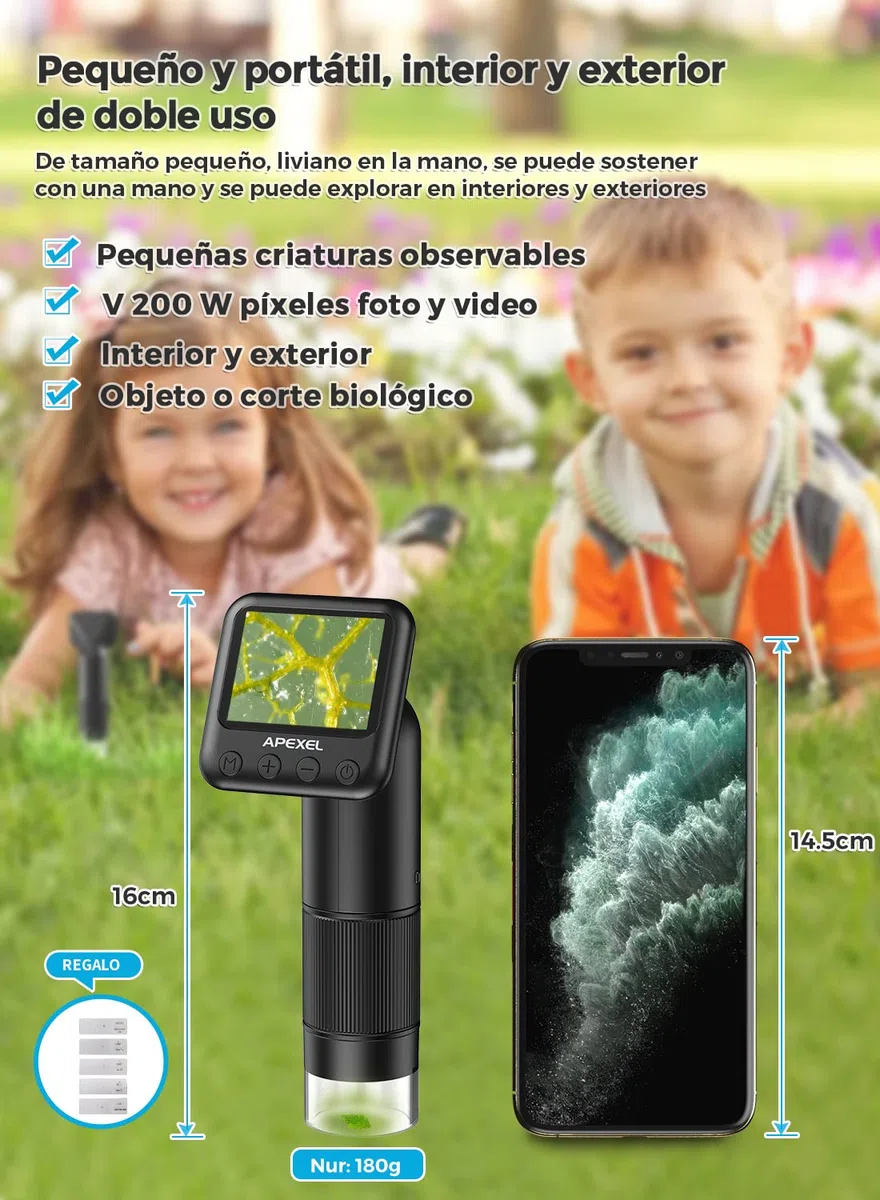 APEXEL Microscope de Bolsillo para niños con Slides 800X Mini Microscope cámara con Pantalla LCD