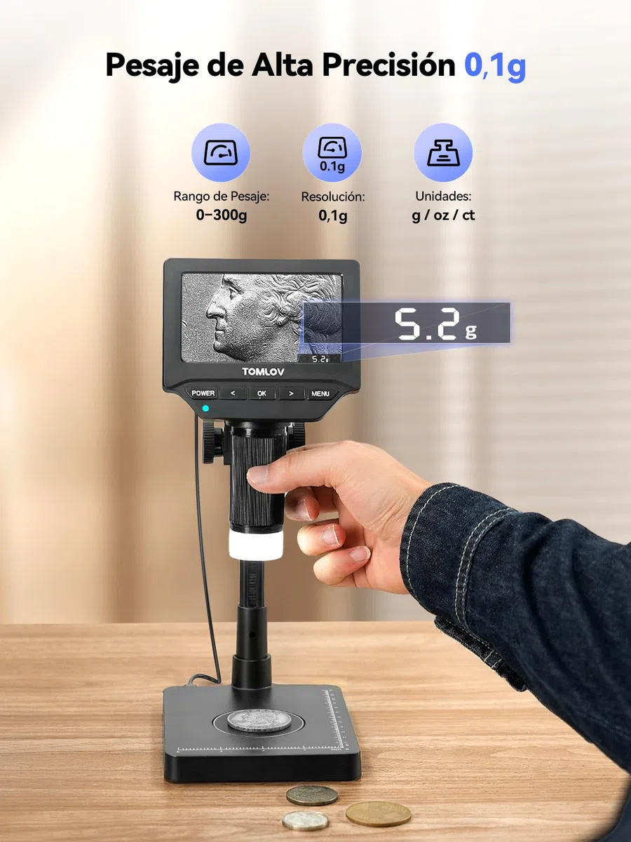 TOMLOV DM4W Microscopio Digital con Balanza: Microscopio de Monedas con 4,3" IPS Pantalla, Lupa para Monedas con Luz, Báscula Precisa para Coleccionistas, Joyeros, Compatible PC/Mac