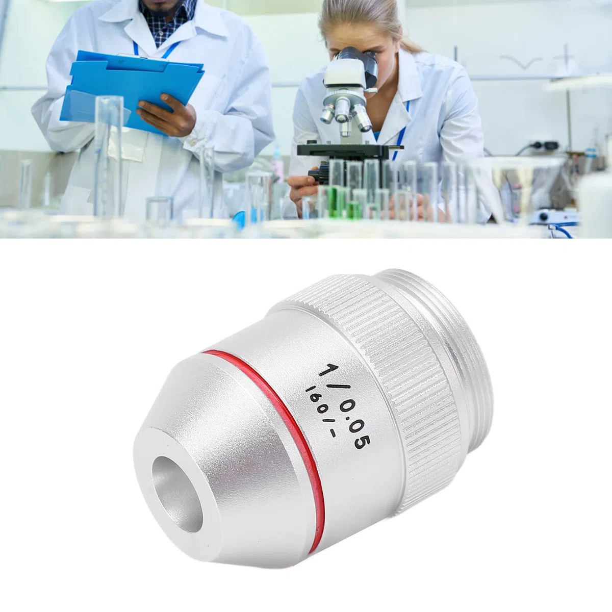 Lente de Objetivo de Microscopio, Objetivo de Baja Potencia Acromático Vidrio óptico Profesional 1X Metal para Microscopio Biológico