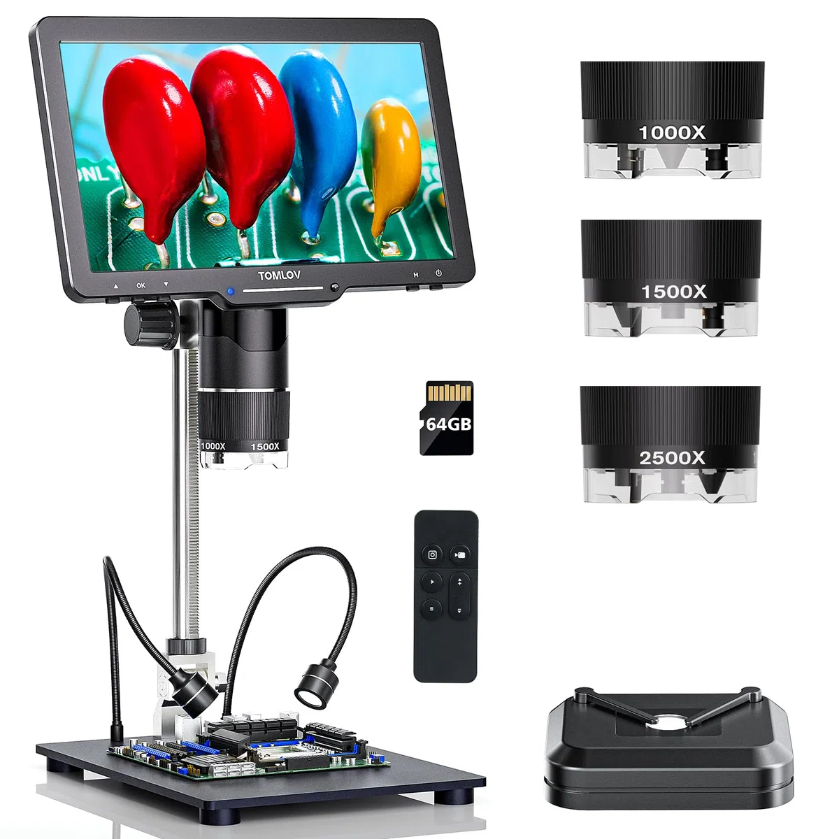 TOMLOV TriL110 3 Lentes Microscopio Digital 2K, Lupa para Monedas con Pantalla IPS de 10,1", Magnificación para Soldadura/Biología, 14 Luces LED, Compatible con PC/TV, 64GB