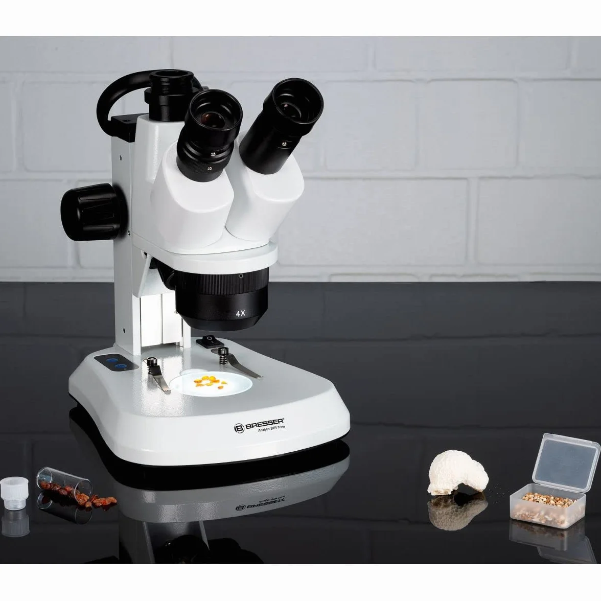 Bresser Microscopio estereoscópico trinocular Analyth STR Trino 10x - 40x con luz LED Regulable separada y asa de Transporte para Uso móvil