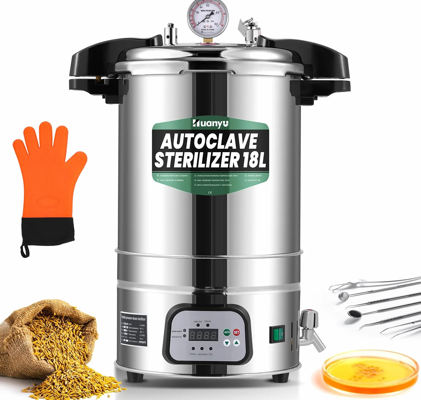 Huanyu 18L Autoclave Esterilizador Automático Autoclave de Vapor Control Inteligente Autoclaves Eléctricos de Laboratorio Esterilizador de Vapor de Alta Presión Ajustable en Temperatura y Tiempo