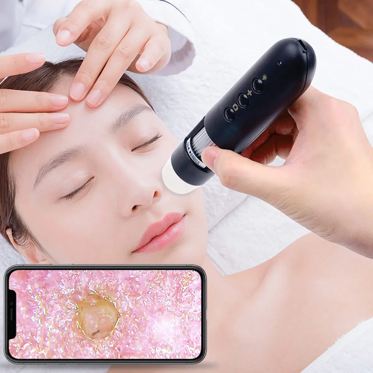 Detector de Vello de la Piel, Microscopio Digital Inalámbrico WiFi Analizador Folículos Pilosos el Diagnóstico de la Piel, Detector Manual de Vello del Cuero Cabelludo, Microscopio Belleza de 800X