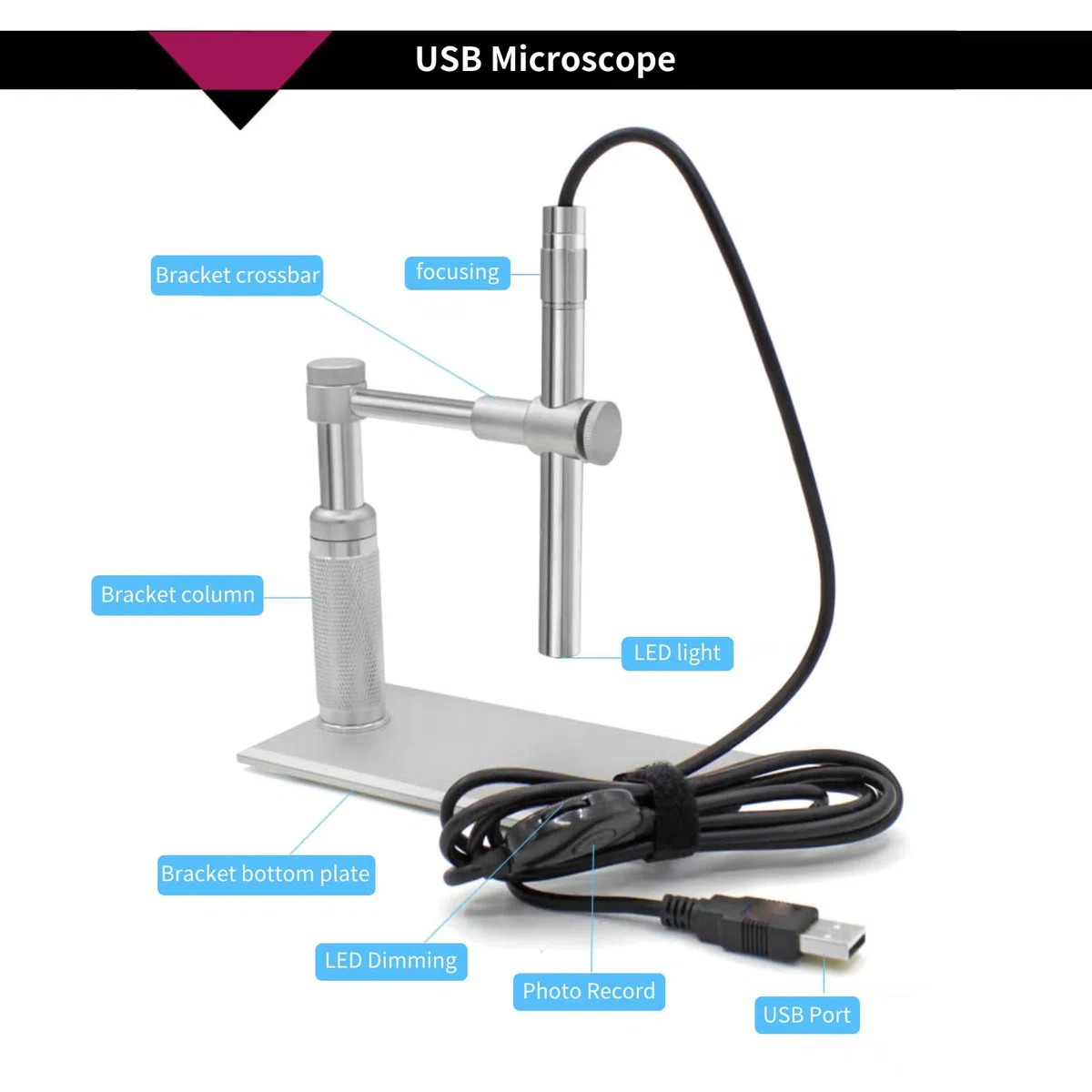 Microscopio digital, Lápiz metálico, USB Microscopio, Endoscopio, Conector USB, Microscopio digital USB, Lupa, Soporte para cámara, Cámara web, Lupa, PC Mac Compatible LED Light Metal Stand