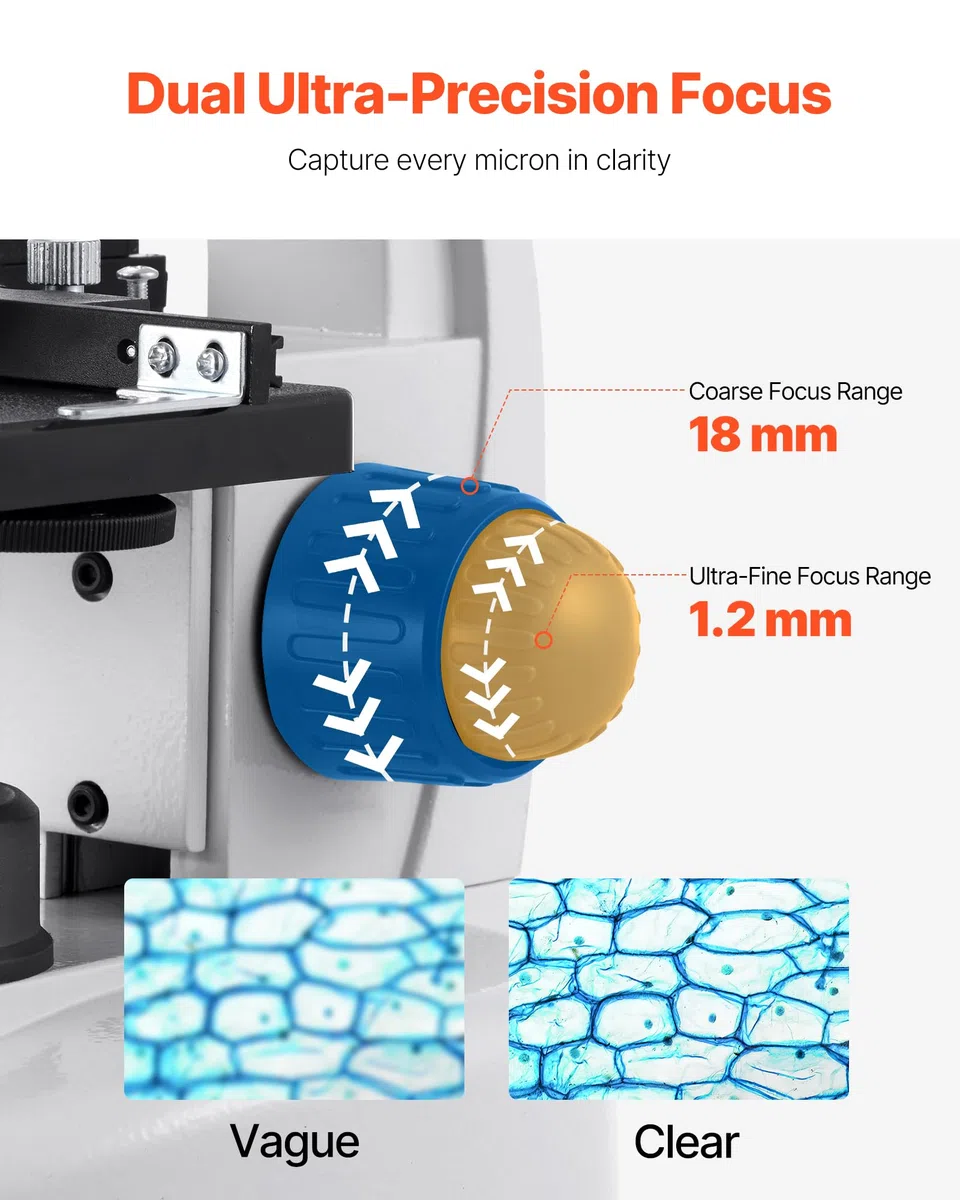 VEVOR Microscopio Compuesto con Aumento de 40-5000X Kit de Microscopio Trinocular Cuerpo de Aleación de Aluminio con Luz LED, Soporte para Teléfono Móvil, para Estudiantes, Laboratorio, Escuela