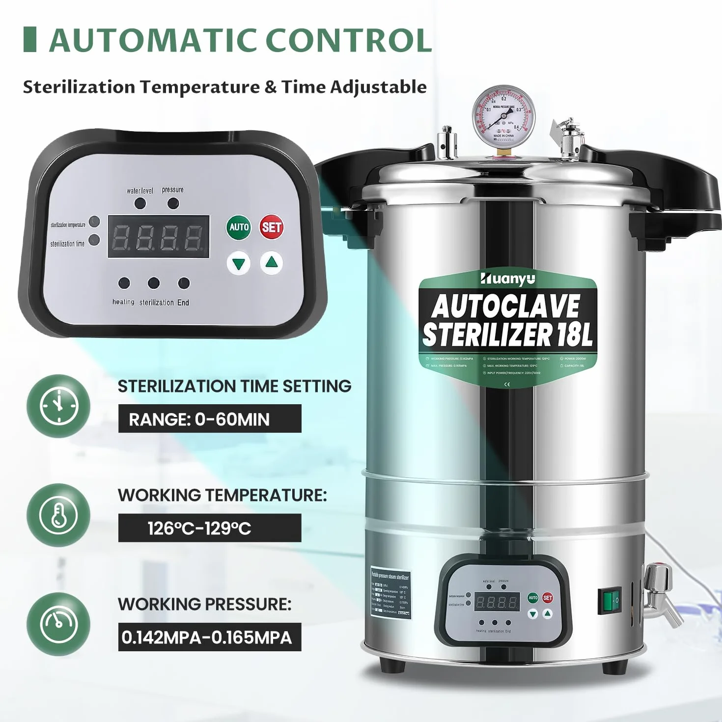 Huanyu 18L Autoclave Esterilizador Automático Autoclave de Vapor Control Inteligente Autoclaves Eléctricos de Laboratorio Esterilizador de Vapor de Alta Presión Ajustable en Temperatura y Tiempo
