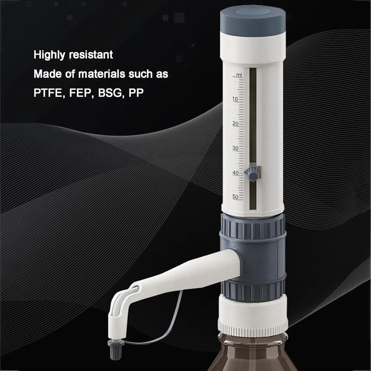 Equipo de dispensación de líquido de laboratorio, dispensador de botellas de adición de líquido cuantitativo de laboratorio de 0,5 a 50 ml con adaptador de boca de 5 botellas y diseño de escala de