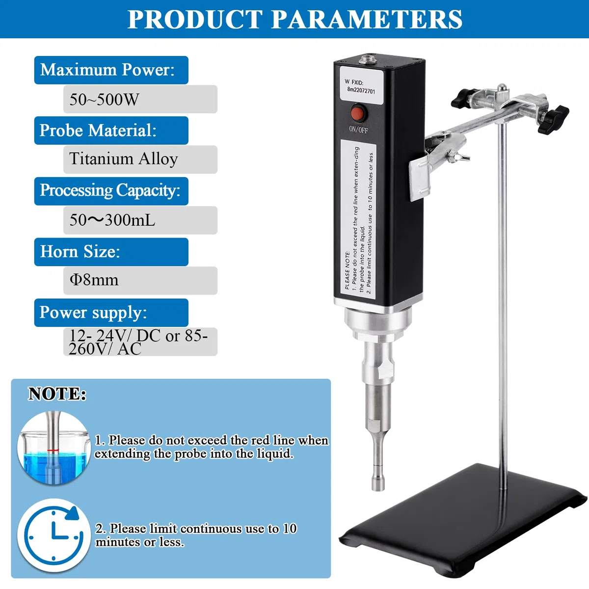 MXBAOHENG Homogeneizador Ultrasónico Portátil de Mano Homogeneizador de Laboratorio para Extracción Celular, Emulsificación y Homogeneización (500W 10mL~500mL)