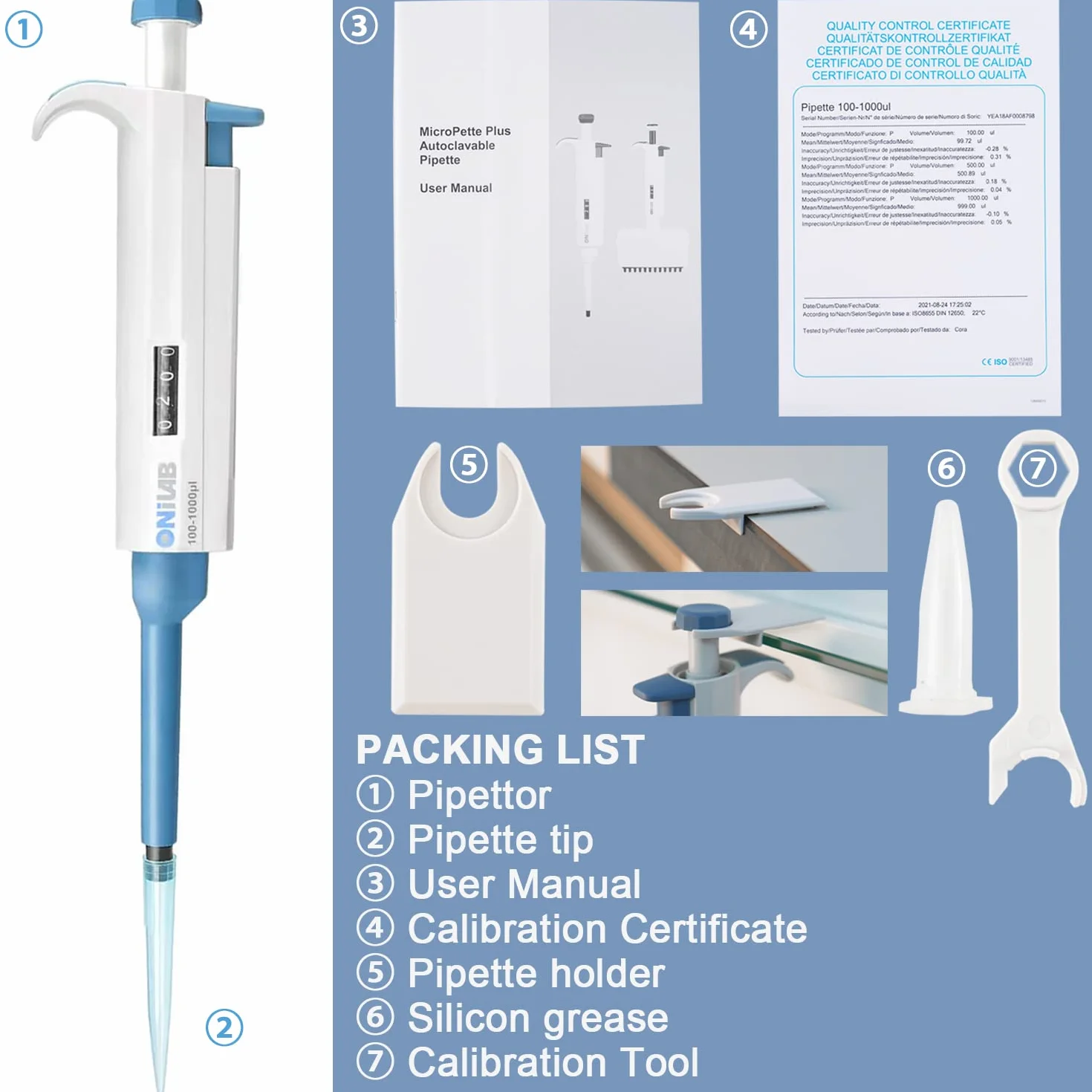 ONiLAB 1-10ml Laboratorio Pipeta de un solo canal Scientific Laboratorio Micropipeta Manual Volumen Ajustable, Alta Precisión, Pipeteadora