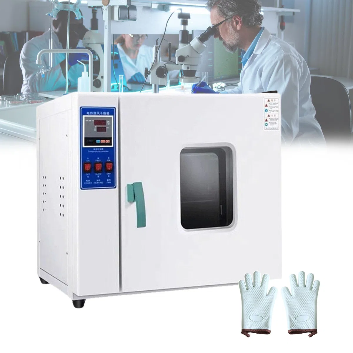 Horno de secado al vacío para uso en laboratorio, capacidad de 70 litros con interior galvanizado, potencia de 1500 W, incluye medidor de vacío y controlador digital para un control preciso de la
