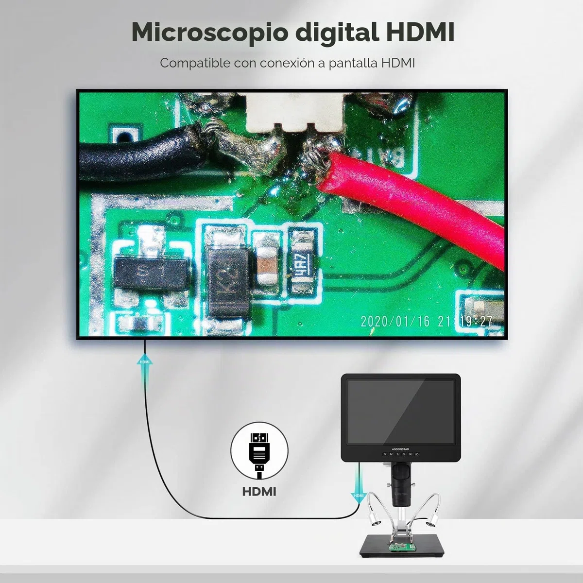 Andonstar AD249S-M Microscopio Digital HDMI de 10,1 Pulgadas 2000x, grabación de vídeo UHD de 3 Lentes 2160P, microscopio de Soldadura, Kit de microscopio biológico, Compatible con Windows
