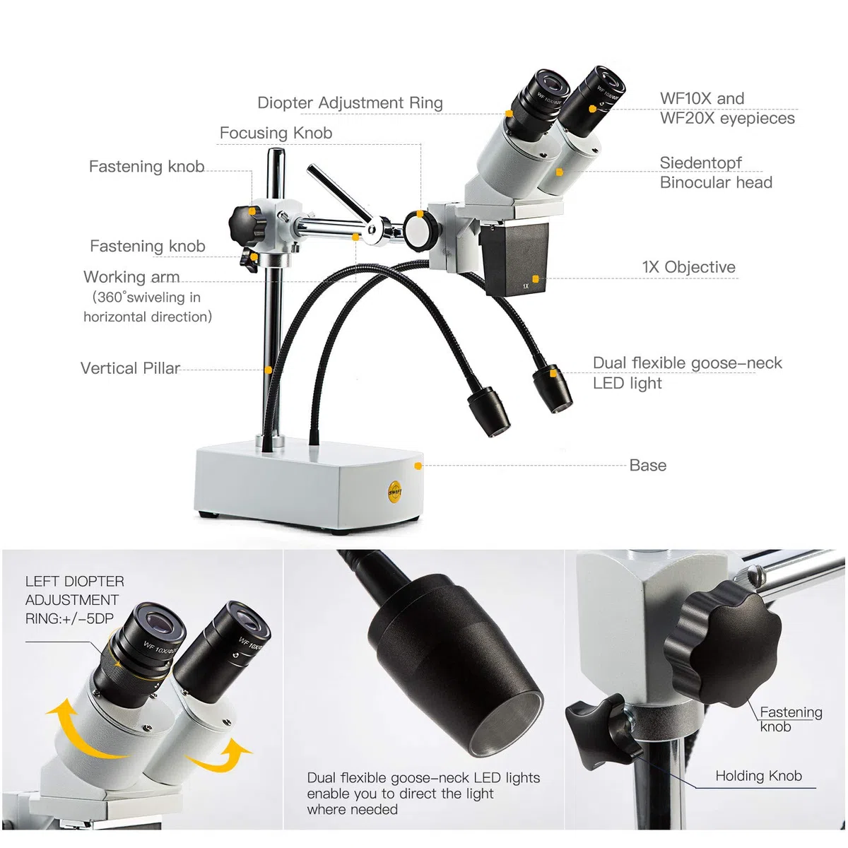 SWIFT Microscopio estéreo binocular SS41,grado profesional, ampliación de 10X, 20X, oculares de campo amplio de 10X y 20X, 2 luces LED flexibles y cámaras-compatibilidad