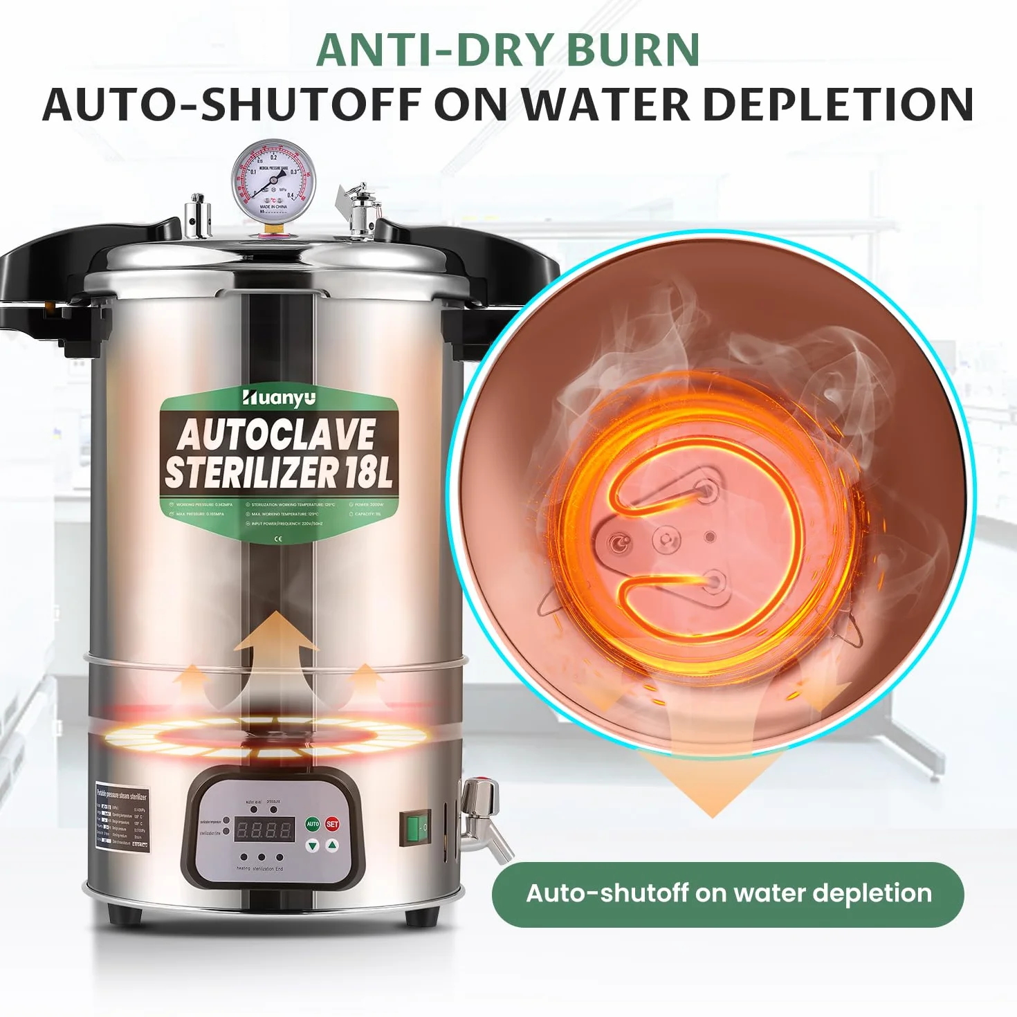 Huanyu 18L Autoclave Esterilizador Automático Autoclave de Vapor Control Inteligente Autoclaves Eléctricos de Laboratorio Esterilizador de Vapor de Alta Presión Ajustable en Temperatura y Tiempo