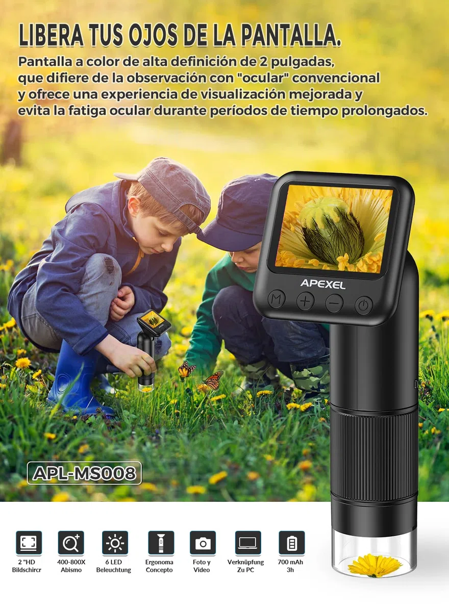 APEXEL Microscope de Bolsillo para niños con Slides 800X Mini Microscope cámara con Pantalla LCD