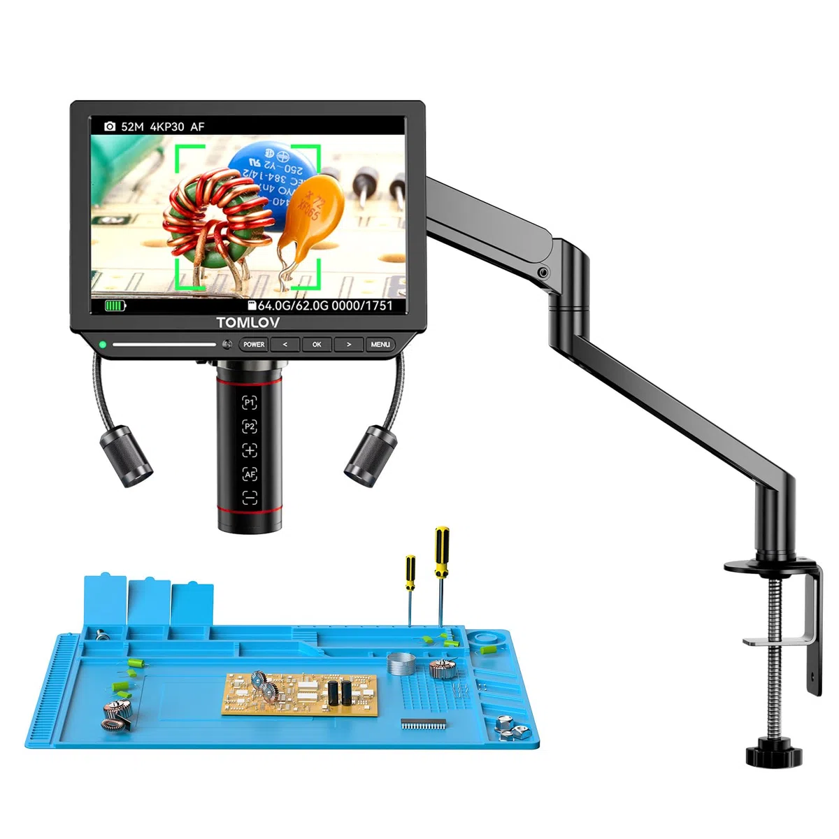 TOMLOV TM4K-AF Flex 4K 8" Microscopio Digital con Autofoco, 52MP HDMI Magnificación Profesional 2000X para Monedas, Brazo Flexible, Alfombrilla de Soldadura, Luces Laterales, Compatible PC/TV, 64GB