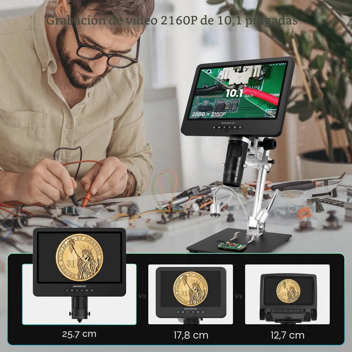 Andonstar AD249S-M Microscopio Digital HDMI de 10,1 Pulgadas 2000x, grabación de vídeo UHD de 3 Lentes 2160P, microscopio de Soldadura, Kit de microscopio biológico, Compatible con Windows