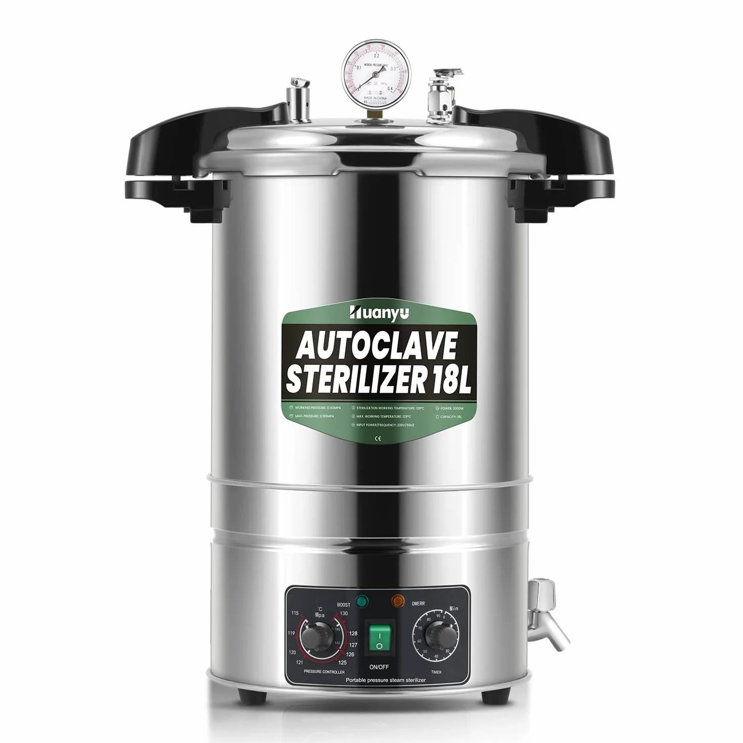 Huanyu Esterilizador Autoclave 18L Autoclave eléctrico de laboratorio ajustable en temperatura y tiempo Diseño de apertura rápida Esterilizador de vapor de alta presión para laboratorios Universidades