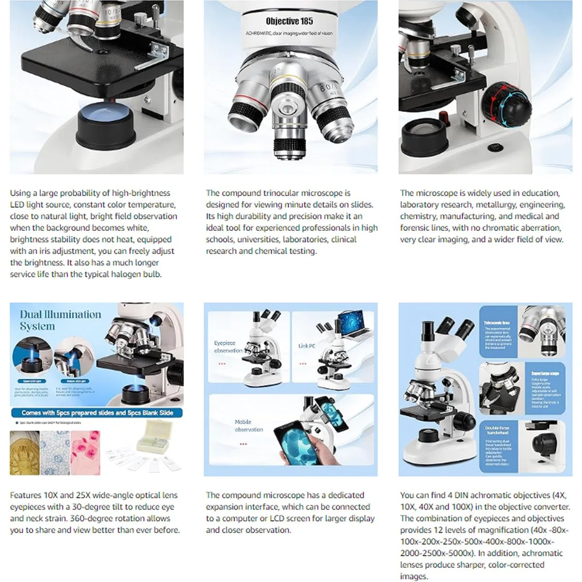 Microscopio Trinocular Profesional 40x-5000x, Ocular ElectróNico+Etapa MecáNica+Enfoque Ultrapreciso+IluminacióN Led Dual para La Escuela/Operaciones Experimentales,White