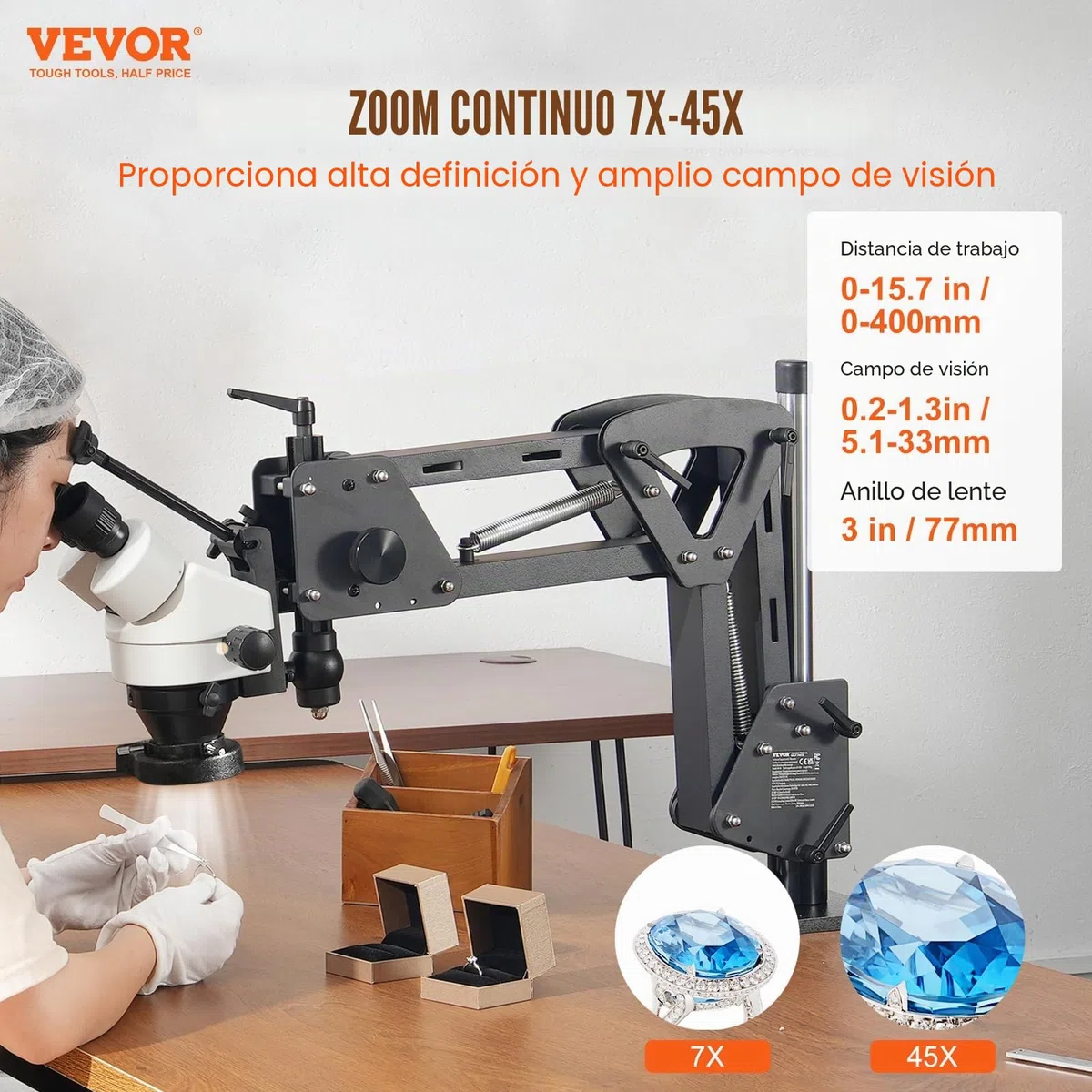 VEVOR Microscopio multidireccional con Soporte de Resorte, microscopio de joyería con Aumento de 7X-45X, Soporte para Incrustaciones de microjoyas con luz LED de Anillo USB integrada