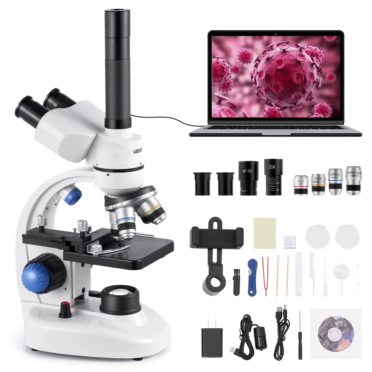VEVOR Microscopio Compuesto con Aumento de 40-5000X Kit de Microscopio Trinocular Cuerpo de Aleación de Aluminio con Luz LED, Soporte para Teléfono Móvil, para Estudiantes, Laboratorio, Escuela