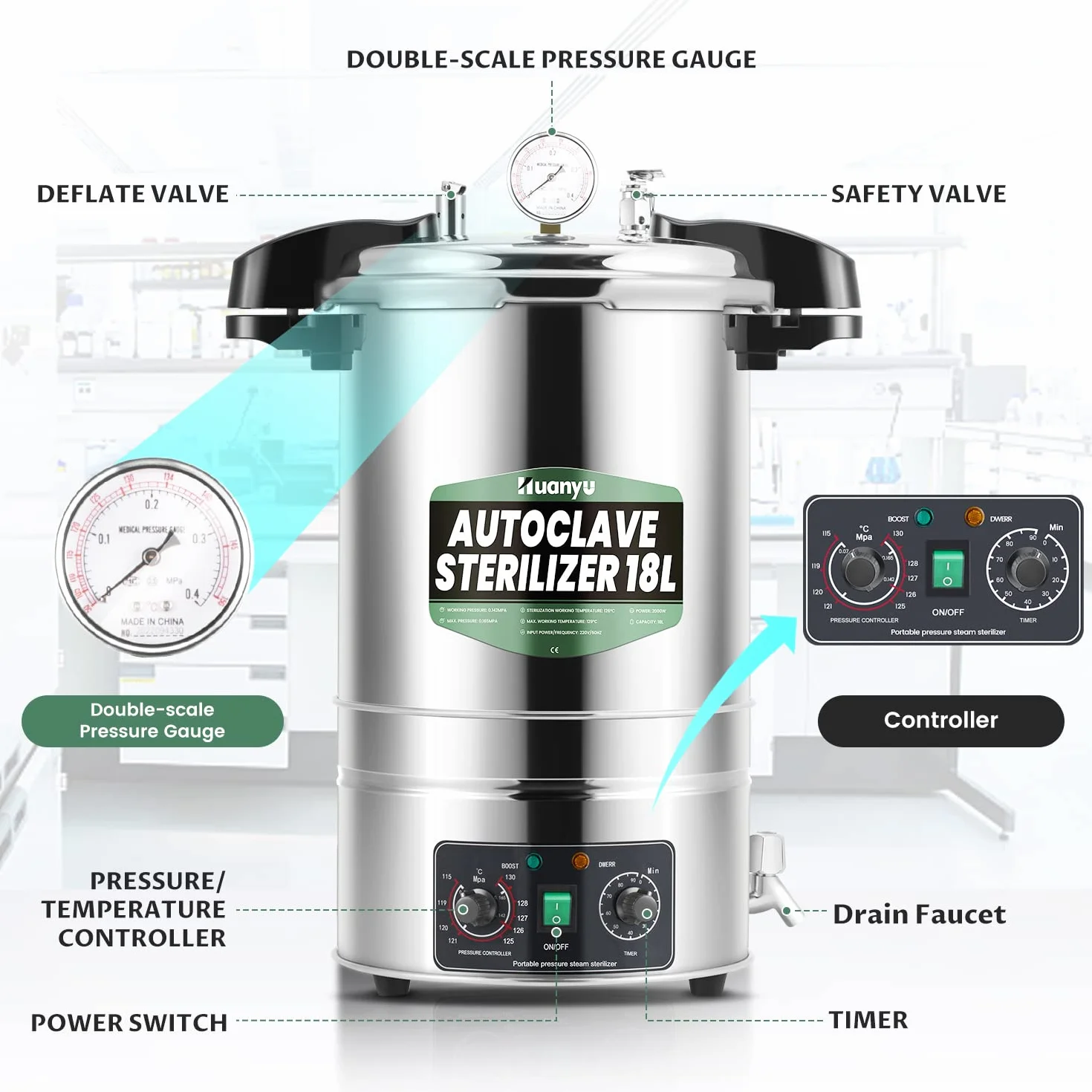Huanyu Esterilizador Autoclave 18L Autoclave eléctrico de laboratorio ajustable en temperatura y tiempo Diseño de apertura rápida Esterilizador de vapor de alta presión para laboratorios Universidades