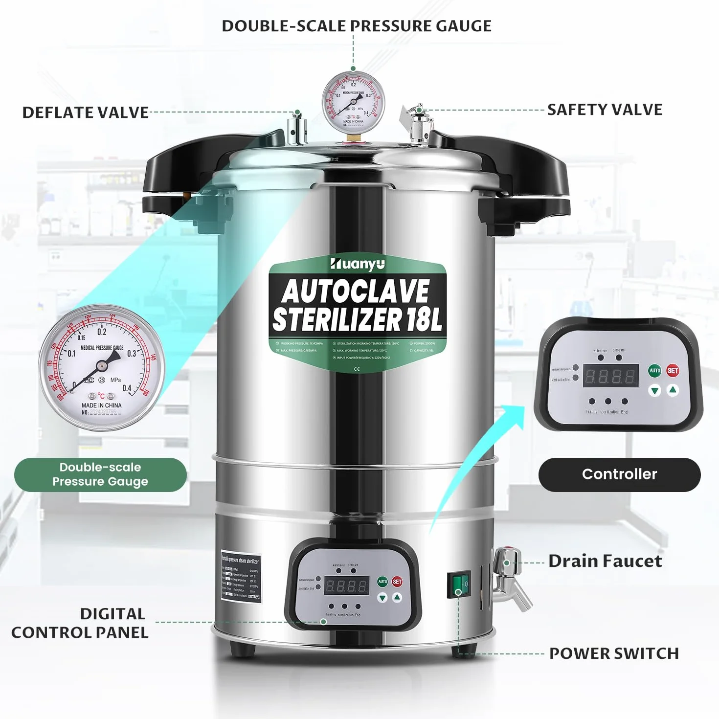 Huanyu 18L Autoclave Esterilizador Automático Autoclave de Vapor Control Inteligente Autoclaves Eléctricos de Laboratorio Esterilizador de Vapor de Alta Presión Ajustable en Temperatura y Tiempo