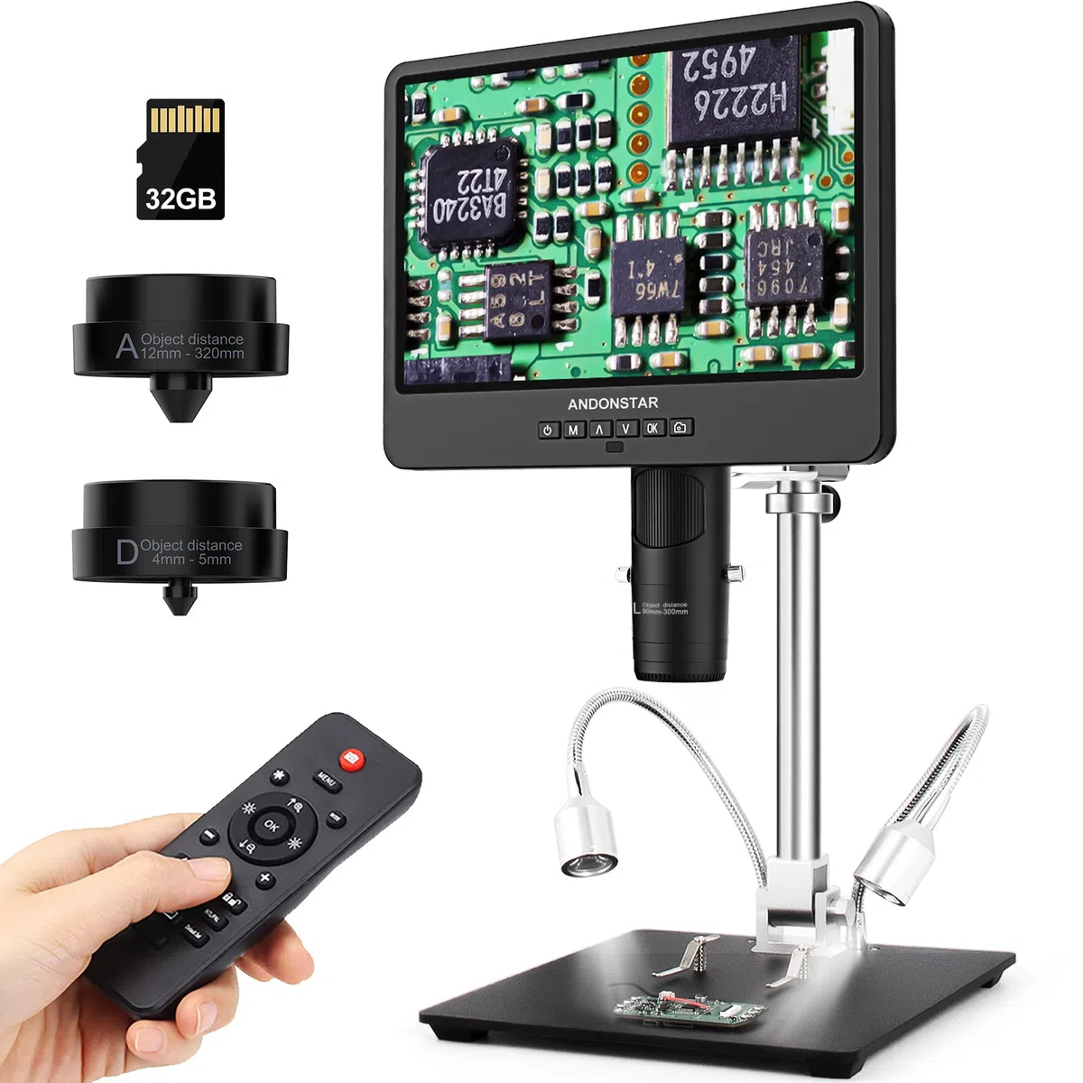 Andonstar AD249S-M Microscopio Digital HDMI de 10,1 Pulgadas 2000x, grabación de vídeo UHD de 3 Lentes 2160P, microscopio de Soldadura, Kit de microscopio biológico, Compatible con Windows