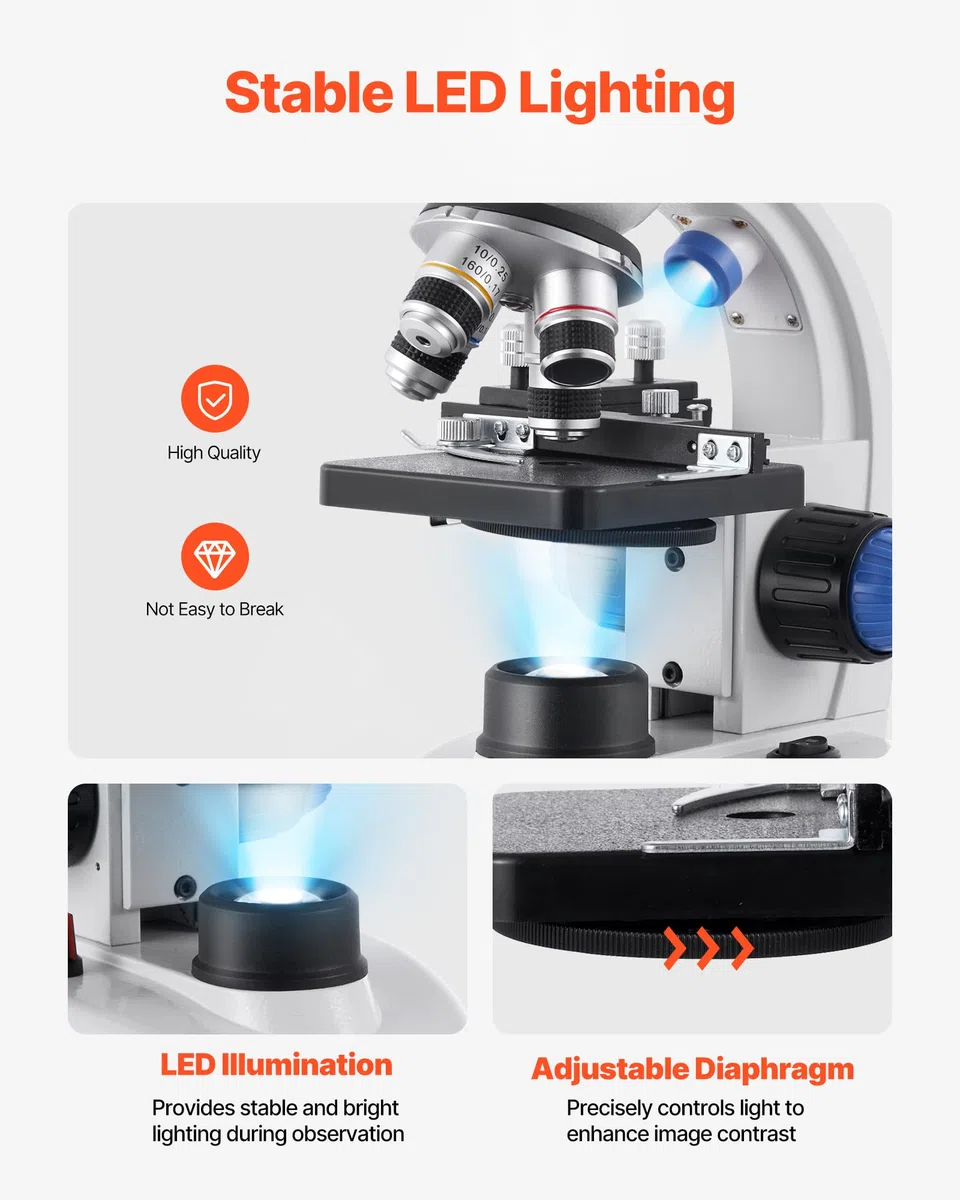 VEVOR Microscopio Compuesto con Aumento de 40-5000X Kit de Microscopio Trinocular Cuerpo de Aleación de Aluminio con Luz LED, Soporte para Teléfono Móvil, para Estudiantes, Laboratorio, Escuela