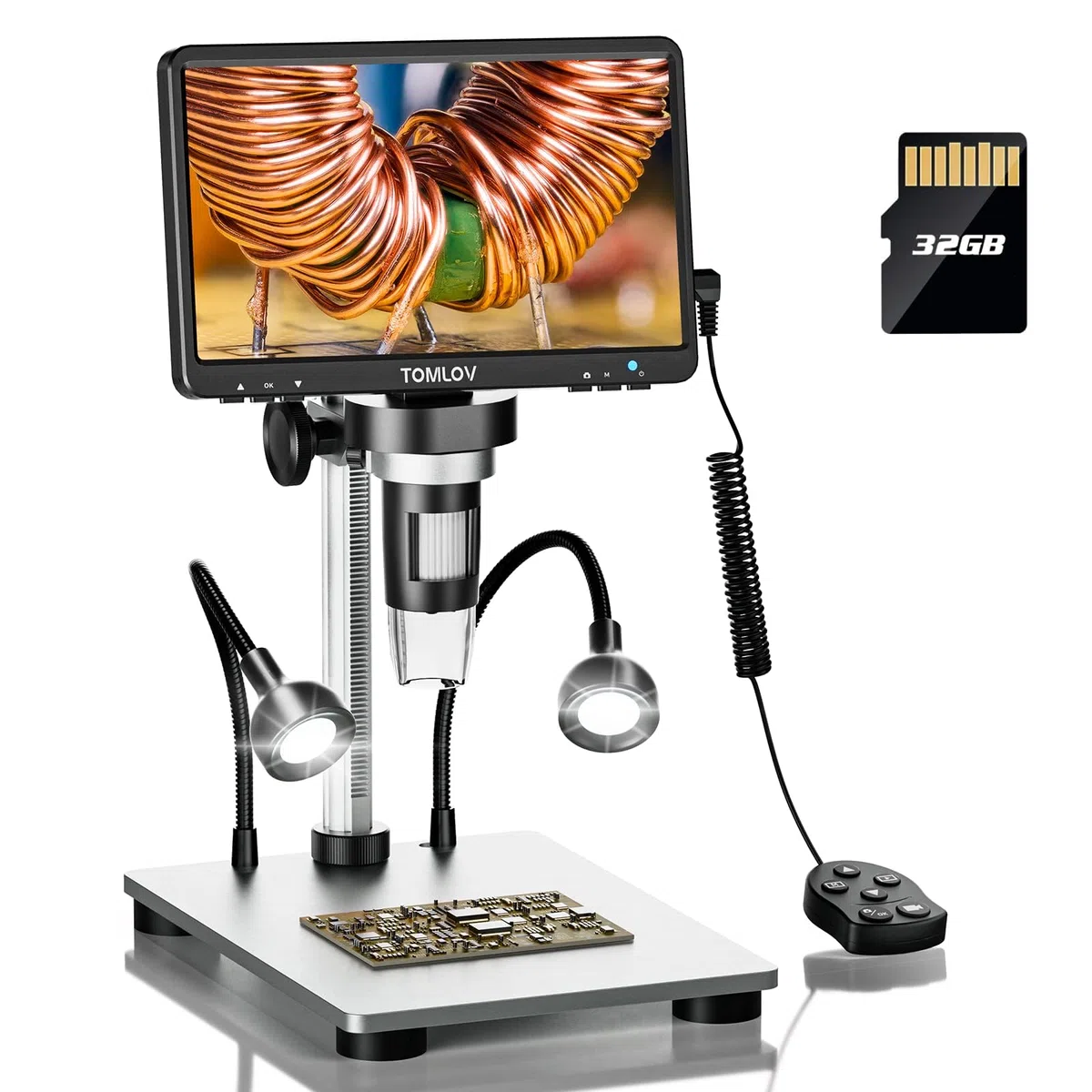 TOMLOV DM9 7" LCD Microscopio Digital 1080P, Cámara de Magnificación 1200X para Piezas con Pantalla HD, 12MP Enfoque de Ultra Precisión, Soporte Metálico, Luz LED, Compatible PC/Windows/Mac OS, 32GB