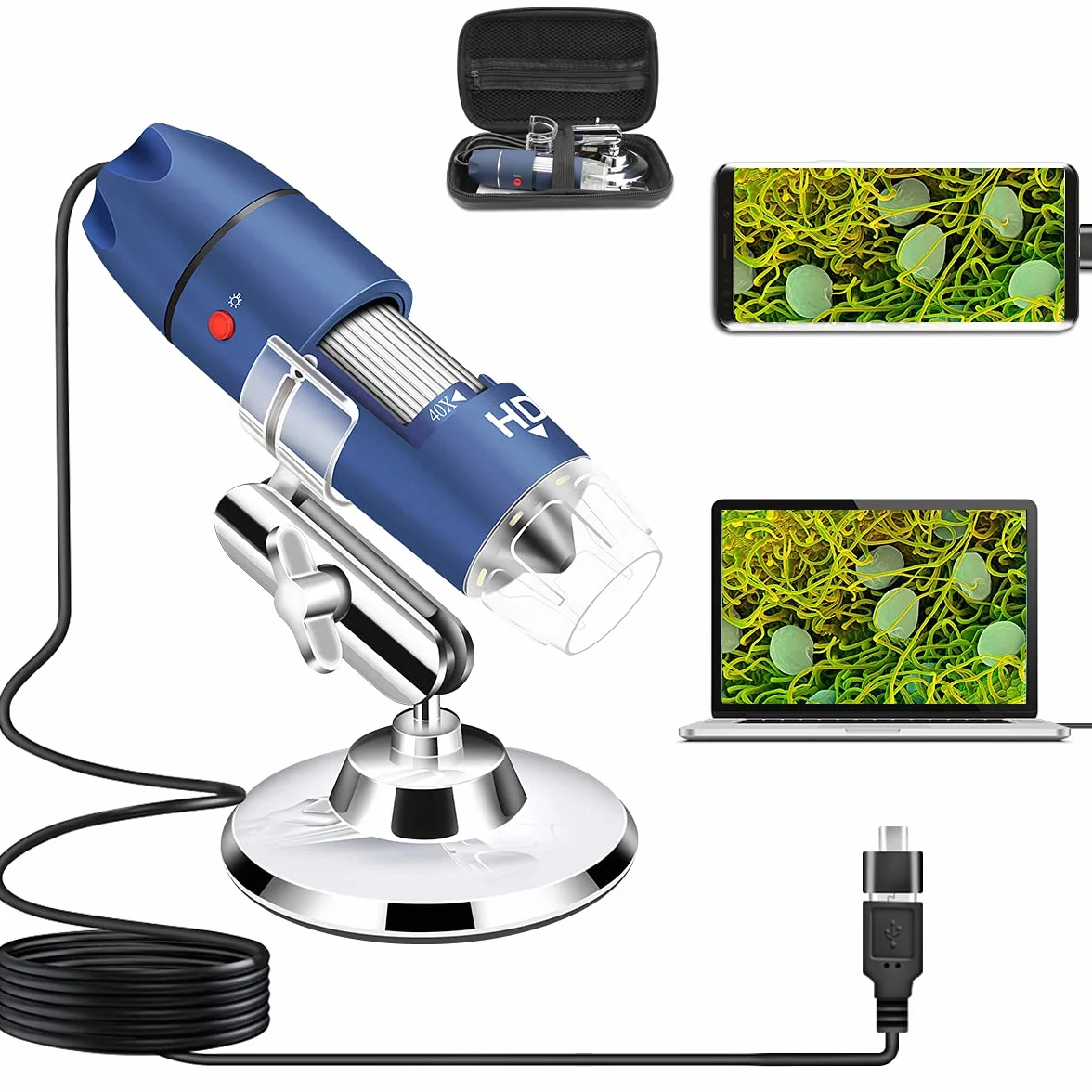 Cámara de microscopio USB HD de 2MP para Android Windows7 8 10 11 Mac, microscopio digital de 40X a 1000X con estuche de transporte, microscopio de monedas portátil para adultos, niños, estudiantes