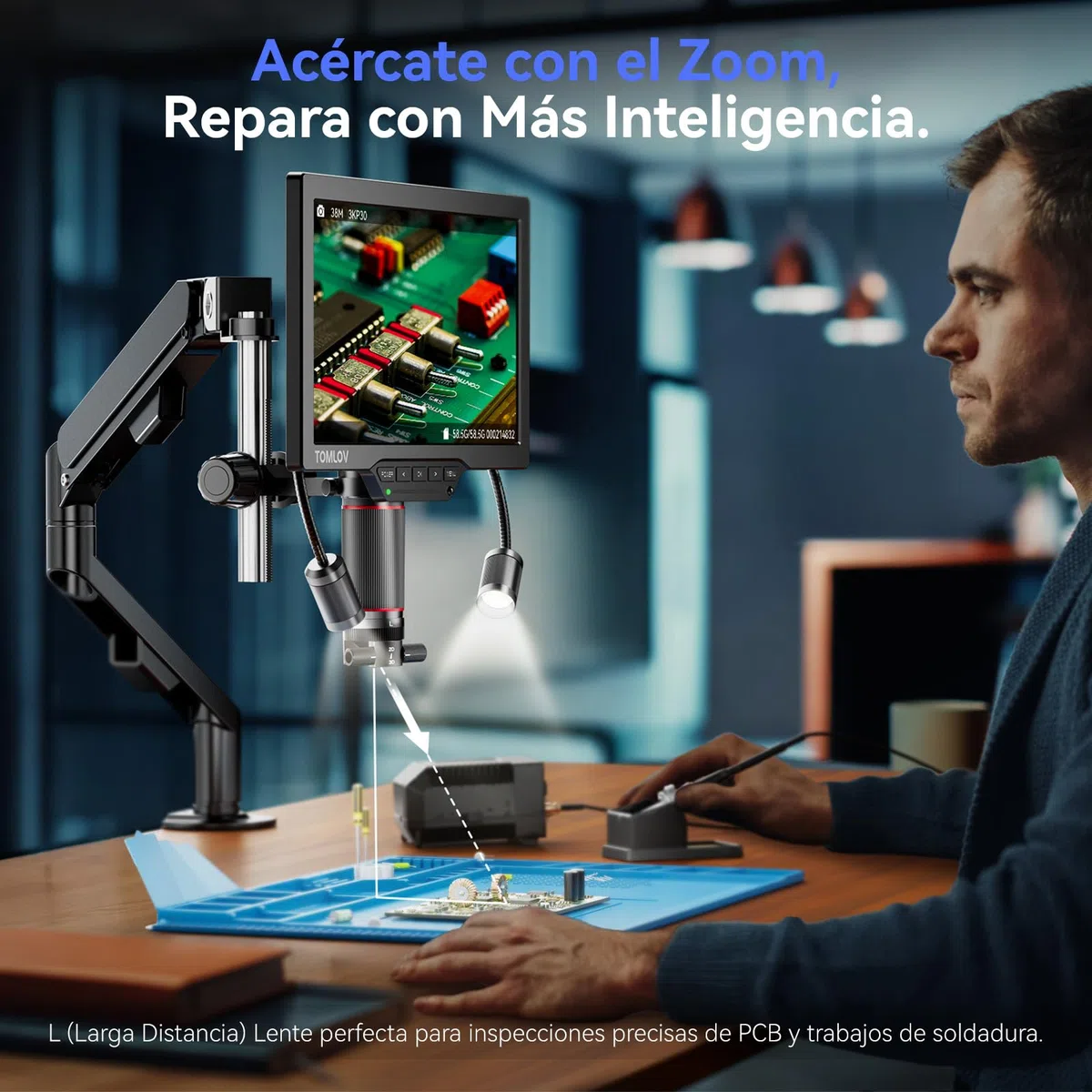 TOMLOV TM3K-3D MAX 10,1" Microscopio Digital IPS con Lentes Duales Magnéticos, Microscopio 3D HDMI de Soldadura para Adultos, Magnificador Monedas 3K, LED, Alfombra para Soldar, Brazo Flexible, 64GB