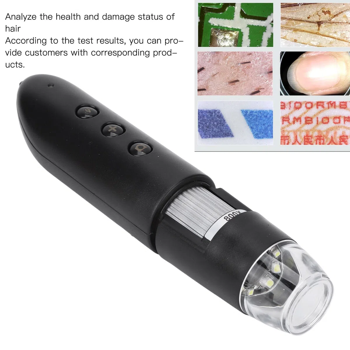 Detector de Vello de la Piel, Microscopio Digital Inalámbrico WiFi Analizador Folículos Pilosos el Diagnóstico de la Piel, Detector Manual de Vello del Cuero Cabelludo, Microscopio Belleza de 800X