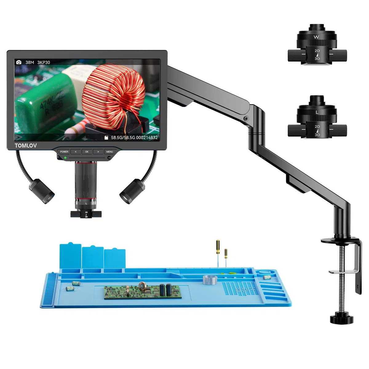 TOMLOV TM3K-3D MAX 10,1" Microscopio Digital IPS con Lentes Duales Magnéticos, Microscopio 3D HDMI de Soldadura para Adultos, Magnificador Monedas 3K, LED, Alfombra para Soldar, Brazo Flexible, 64GB