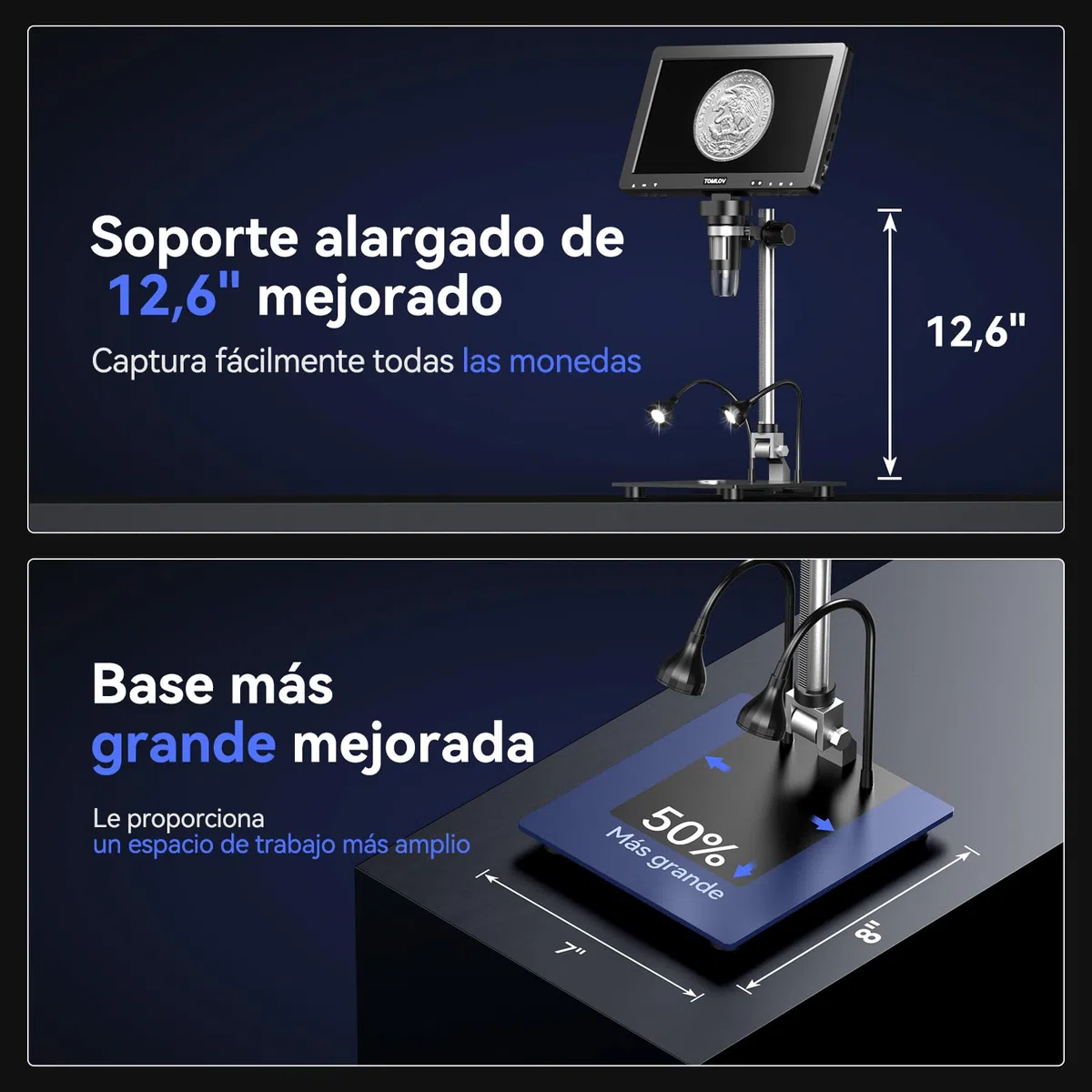 TOMLOV DM9 MAX 10,1" Microscopio Digital, 20MP Lupa para Monedas/Soldadura con Pantalla IPS HD, Regalo para Adultos/Niños, 10 Luces LED Ajustables, Compatible con PC/TV