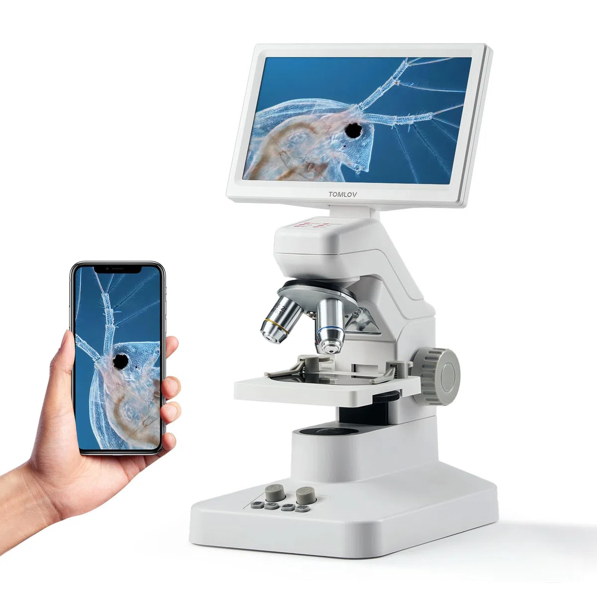 TOMLOV DM301 Pro Microscopio Biológico 1200X: 7" Microscopio Digital para Adultos y Niños, 3 Lentes, Escala de Medición Integrada, Iluminación LED Doble, Compatible con Teléfono, PC y TV