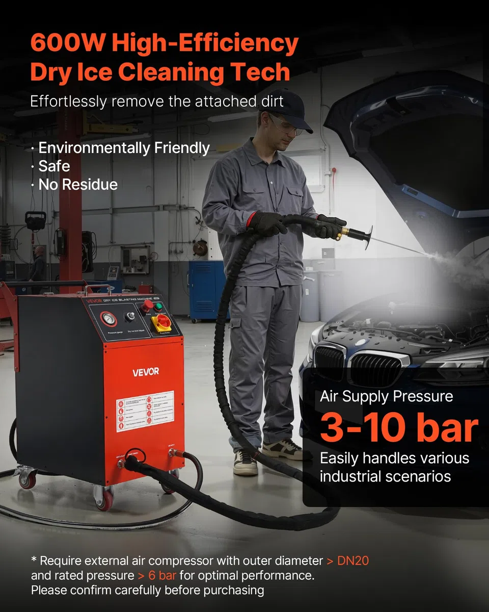 VEVOR Máquina de Limpieza con Hielo Seco, Capacidad de 7,5 kg, con 4 Boquillas, Presión y Cantidad de Hielo Seco Ajustables, para Aplicaciones Automotrices, Navales, de Aviación y Químicas, Negro