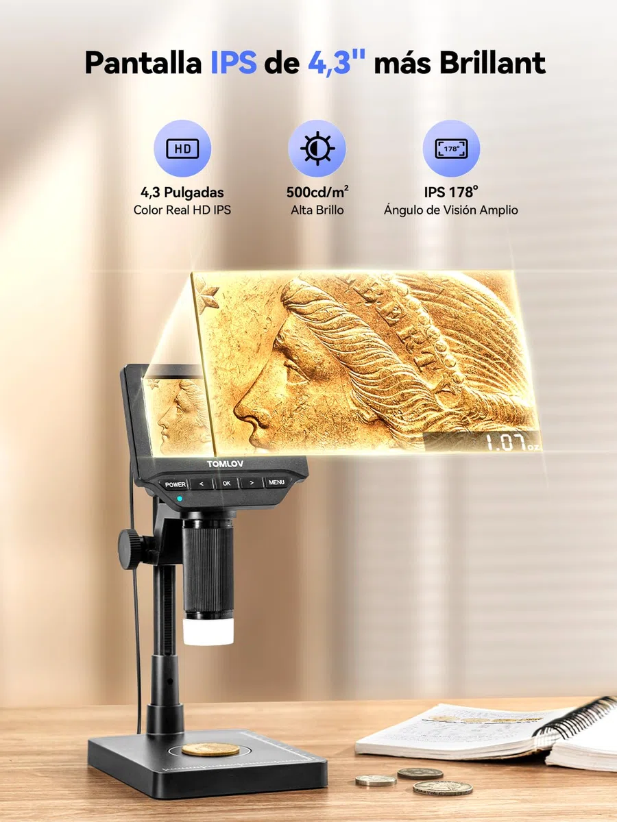 TOMLOV DM4W Microscopio Digital con Balanza: Microscopio de Monedas con 4,3" IPS Pantalla, Lupa para Monedas con Luz, Báscula Precisa para Coleccionistas, Joyeros, Compatible PC/Mac
