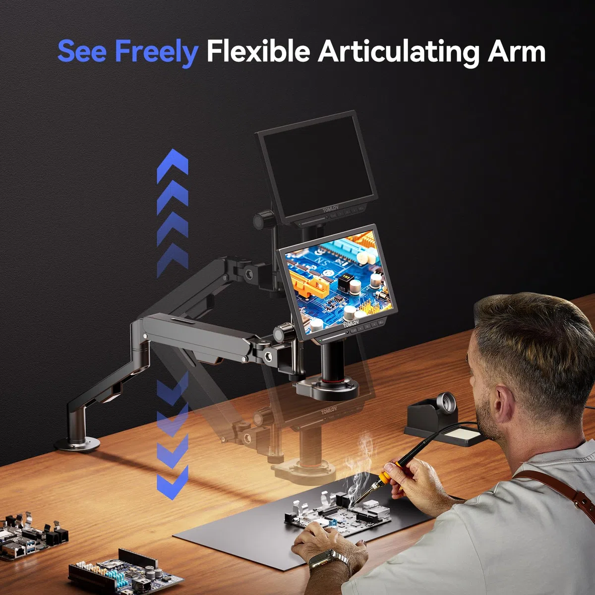 TOMLOV AM06 Soporte de microscopio digital con brazo flexible y suspensión mejorada, gestión de cables, soporte para microscopio de soldadura DM9 MAX TM4K AF Flex DM602