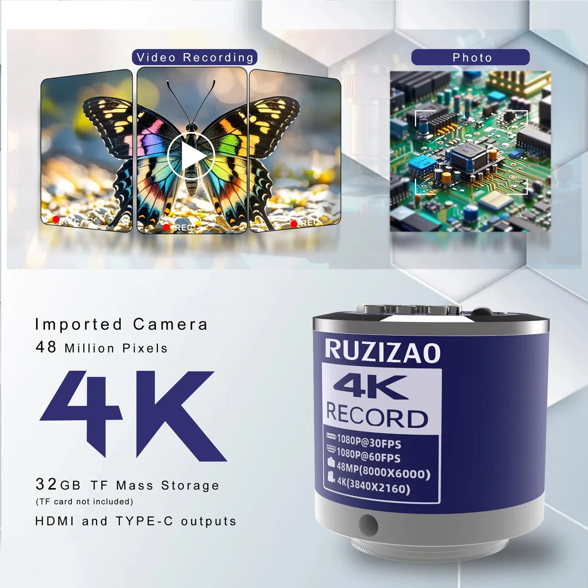 Microscopio Digital, 48MP 4K 1080P HDMI Tipo-C/USB Cámara de Vídeo Industrial para Microscopios, Objetivo con Montura C y Zoom 150X, Soporte Plegable, Luz LED
