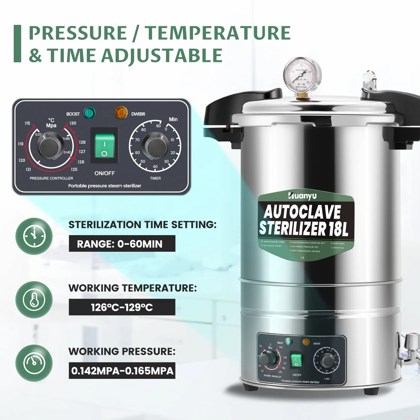 Huanyu Esterilizador Autoclave 18L Autoclave eléctrico de laboratorio ajustable en temperatura y tiempo Diseño de apertura rápida Esterilizador de vapor de alta presión para laboratorios Universidades