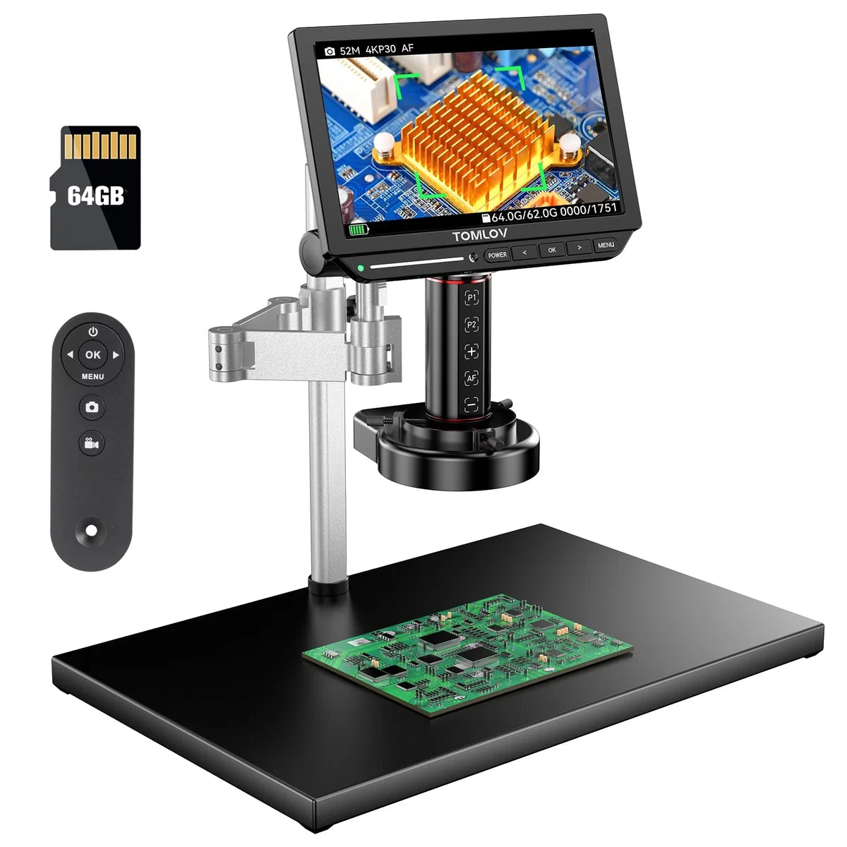 TOMLOV TM4K-AF MAX Microscopio Digital con Autofoco 2000X, Magnificación 4K HDMI con Pantalla IPS de 10,1", Regalo para Adultos, Cámara de 52MP para Piezas y Soldadura con Luz de Anillo, PC/TV, 64GB