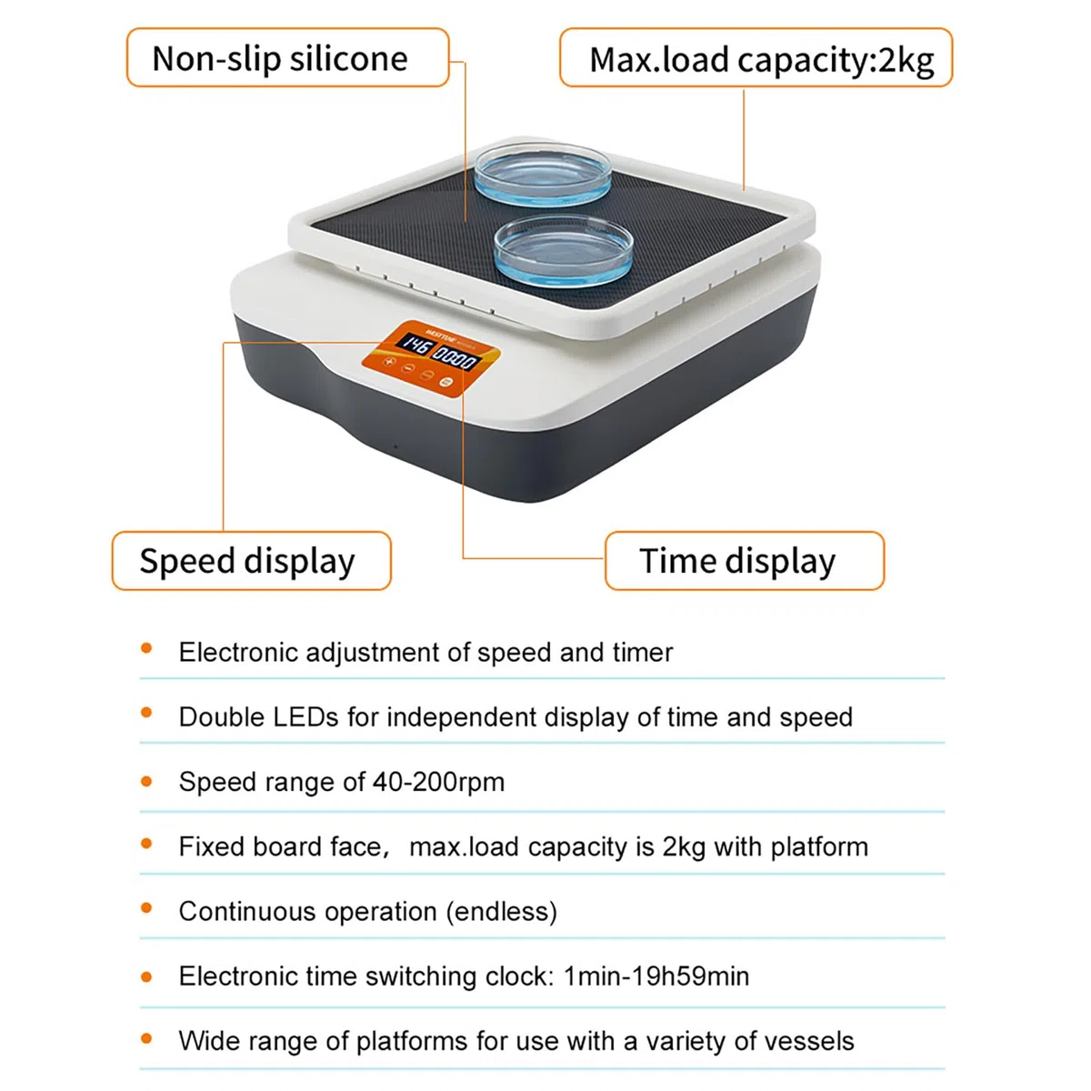 Lab Digital Orbital Shaker Mixer | 268x268mm Plate Size Adjustable Speed 40-200RPM Capacity 2KGS | Timed and Continuous Modes Rotator Shaker for Laboratory