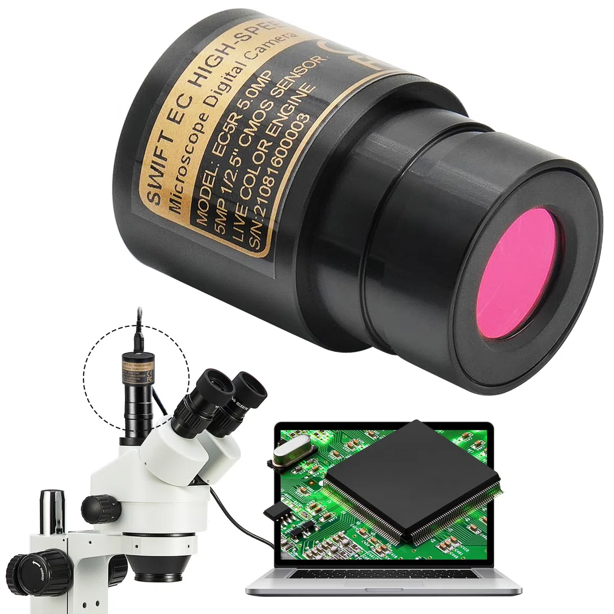 SWIFT EC5R Cámara de microscopio digital de 5,0 megapíxeles para fotografía en color y video, soporte para ocular, conexión USB 2.0, compatible con Windows y Mac