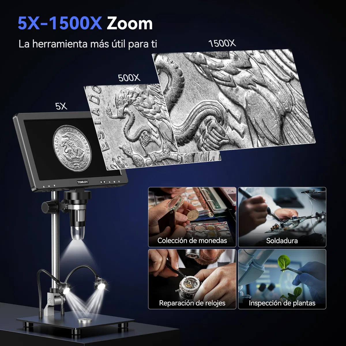 TOMLOV DM9 MAX 10,1" Microscopio Digital, 20MP Lupa para Monedas/Soldadura con Pantalla IPS HD, Regalo para Adultos/Niños, 10 Luces LED Ajustables, Compatible con PC/TV