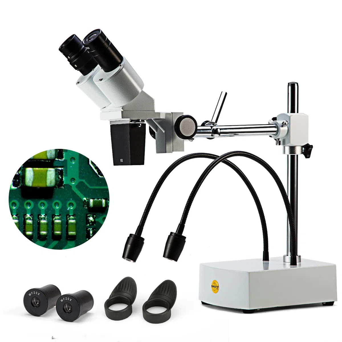 SWIFT Microscopio estéreo binocular SS41,grado profesional, ampliación de 10X, 20X, oculares de campo amplio de 10X y 20X, 2 luces LED flexibles y cámaras-compatibilidad