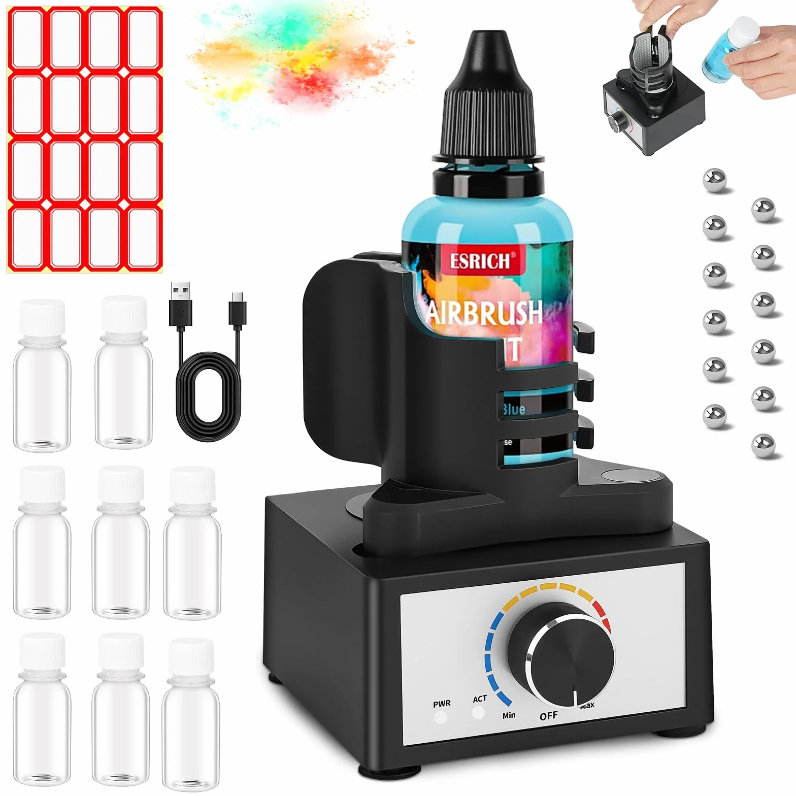 HOTUT Mini Mezclador Vórtice Manos Libres,Ajuste De 3 Velocidades,Agitador De Pintura Modelo DIY con 12 bolas mezcladoras y 8 botellas,10-100 ml,300~2400 RPM,para Esmalte De Uñas,Pinturas Acrílicas
