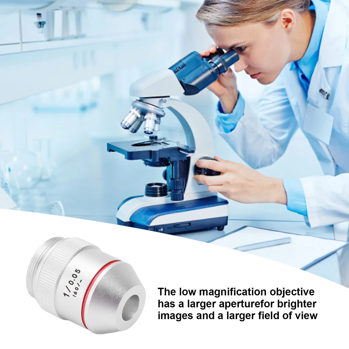 Lente de Objetivo de Microscopio, Objetivo de Baja Potencia Acromático Vidrio óptico Profesional 1X Metal para Microscopio Biológico